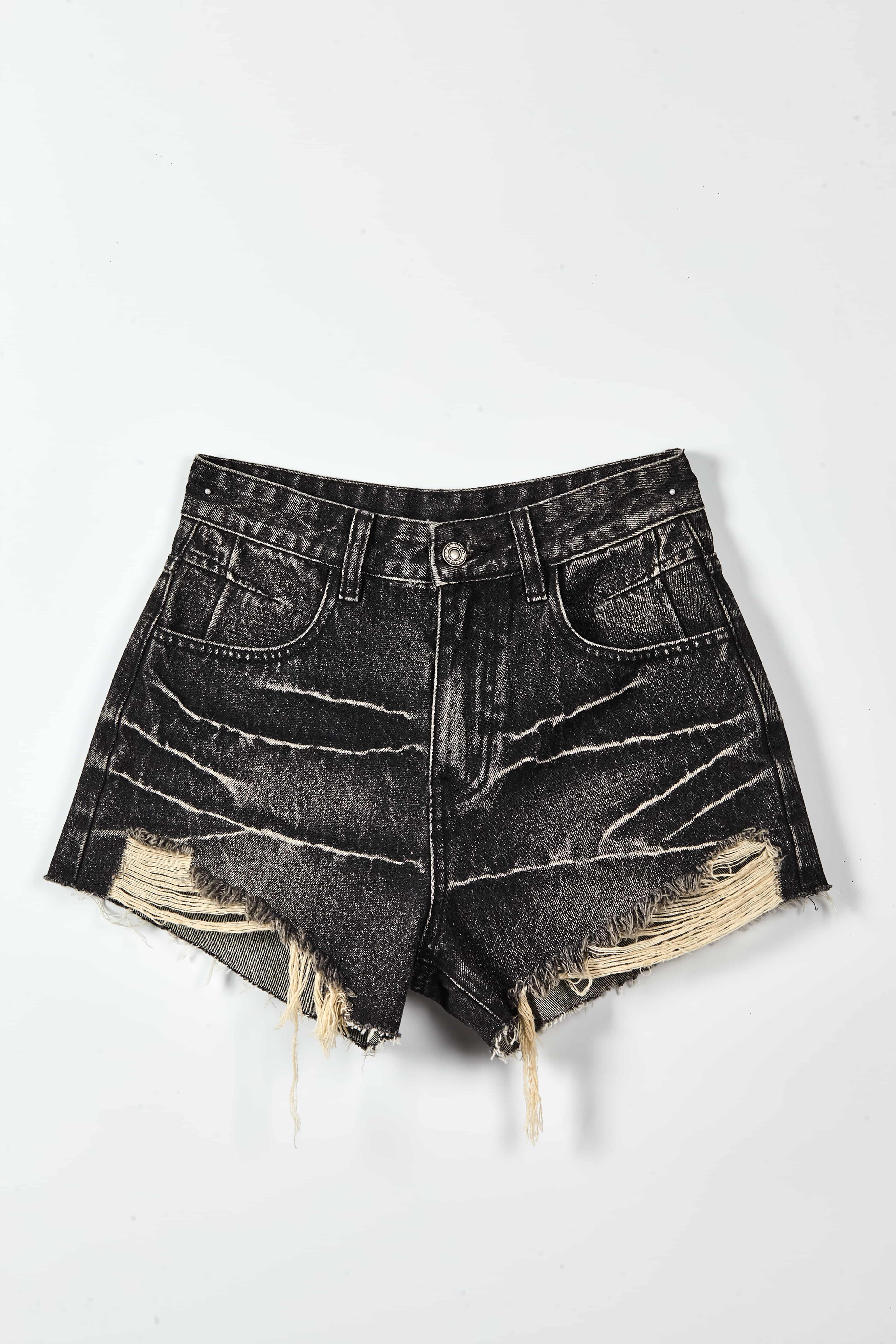 Black Washed Denim Shorts - Distressed Raw Hem Streetwear Shorts